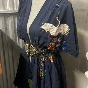 Meghan LA Dark Blue Kimono with Crane and Beaded Belt